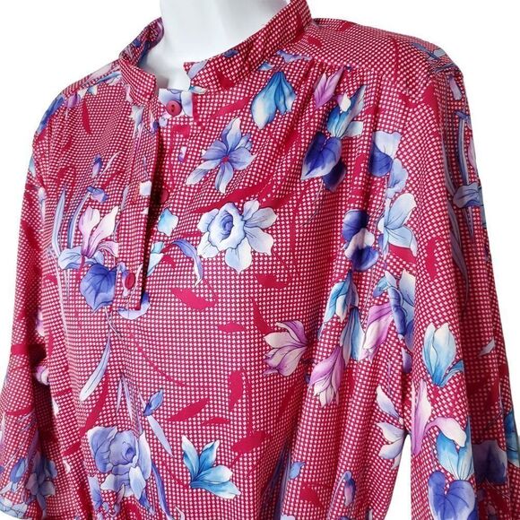 Vintage Ms Tops California Floral Polyester Belted Tunic Short Sleeve Red Blue - Picture 3 of 5